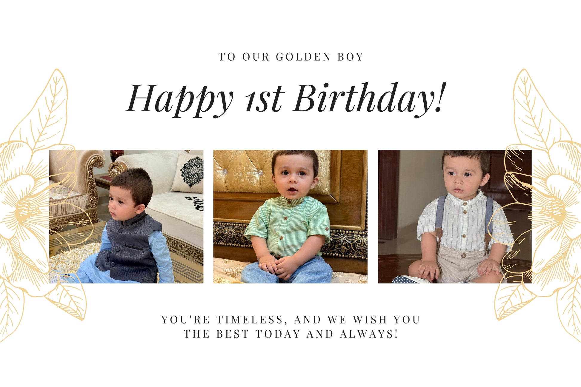 Triptych of a young boy in different outfits with text celebrating his first birthday.
