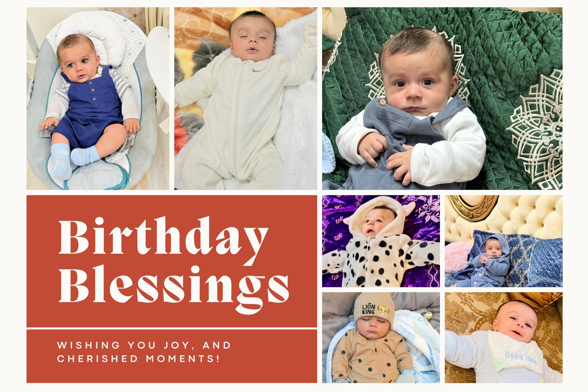 Collage of babies in various outfits with a 'Birthday Blessings' message.