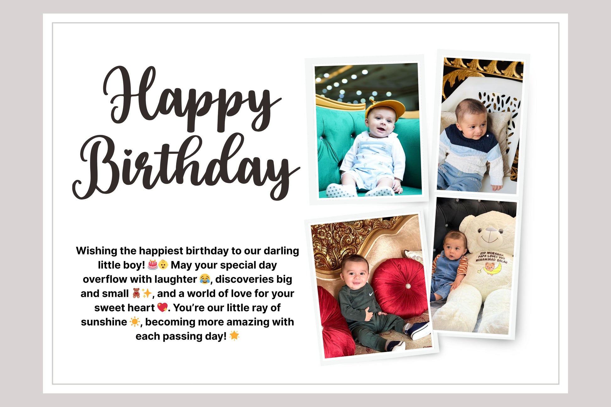 Birthday card with photos of a baby and celebratory text on a white background