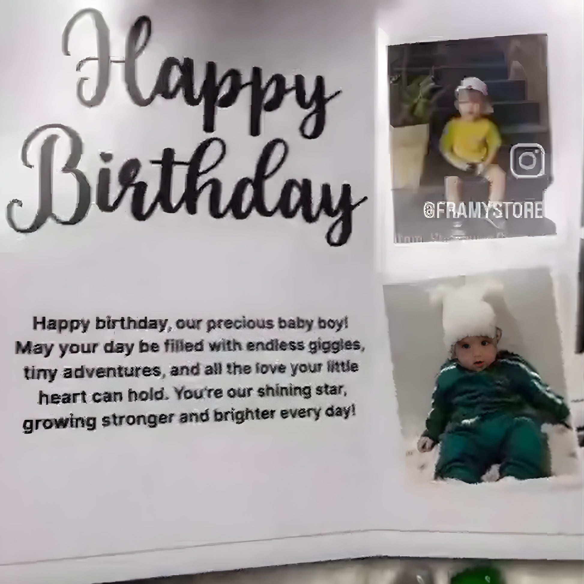 Greeting card with 'Happy Birthday' text and images of a child, featuring the brand 'Framystore'.