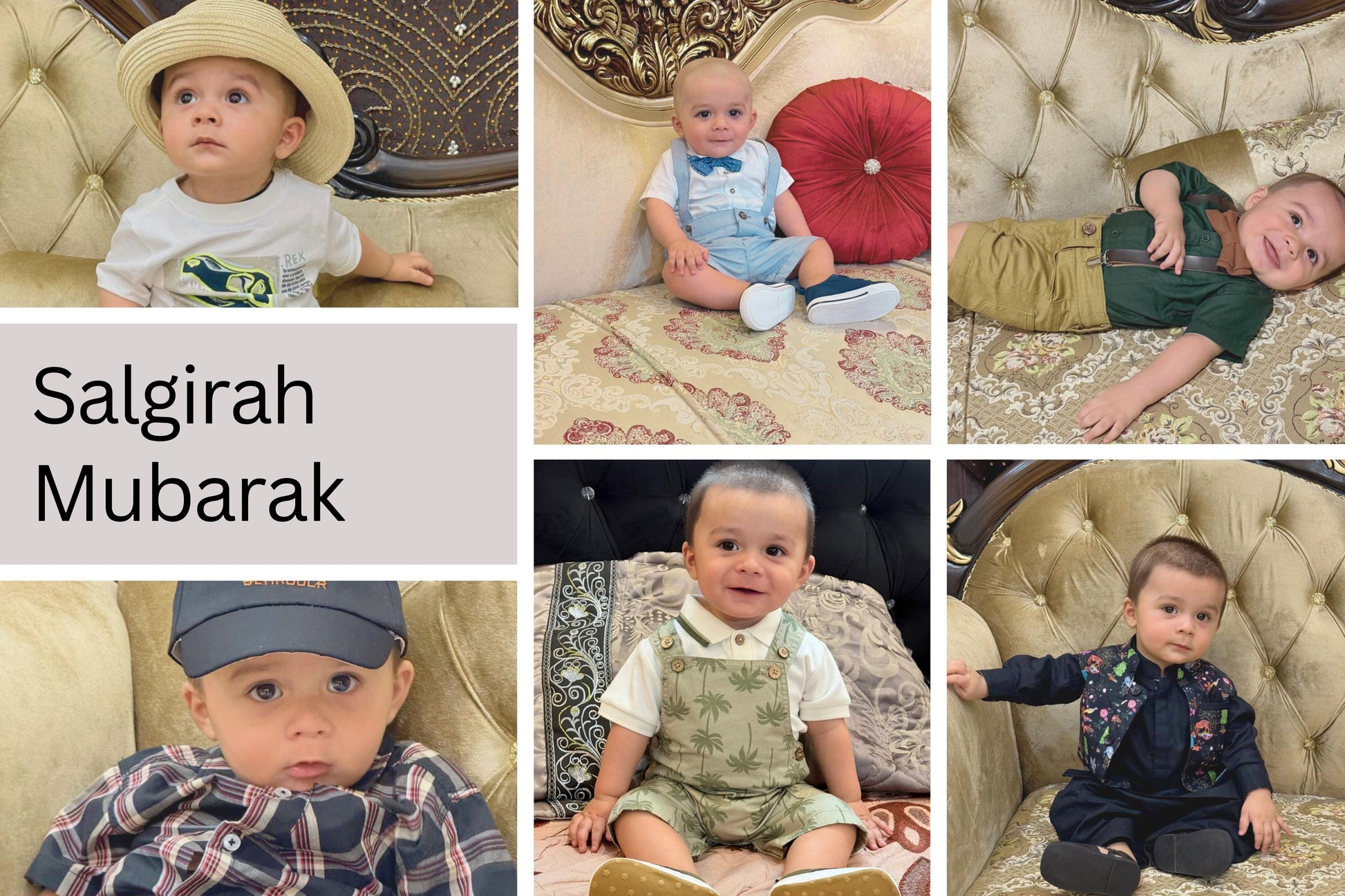 Collage of a baby in various outfits sitting on a couch with 'Salgirah Mubarak' text.