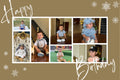 Collage of a young boy in various settings with decorative elements and text on a brown background.