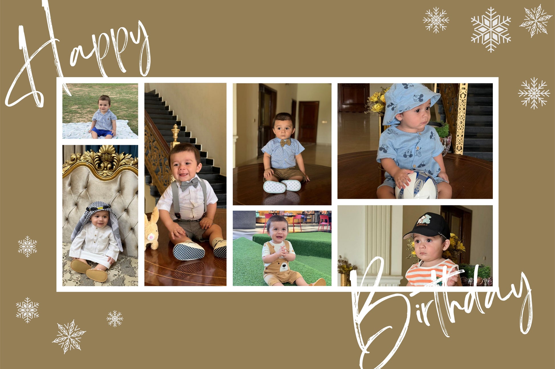 Collage of a young boy in various settings with decorative elements and text on a brown background.